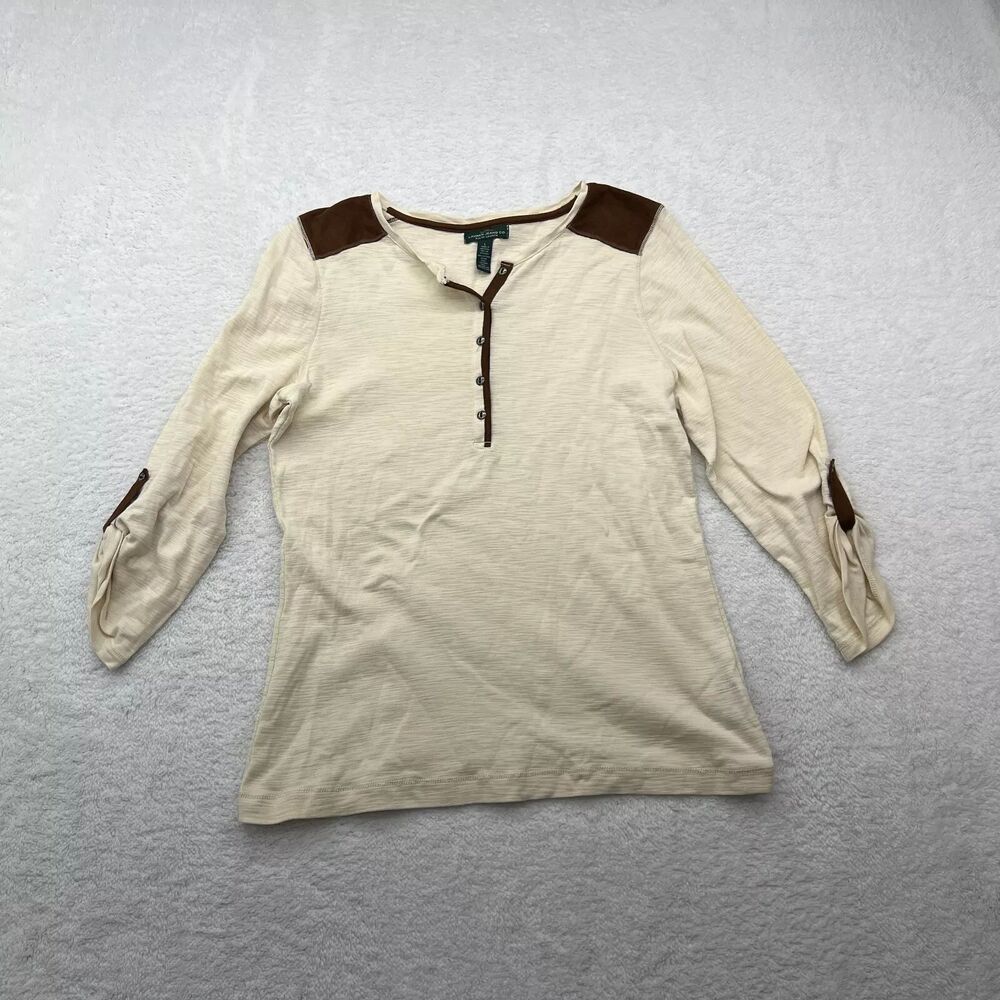 Chaps Denim Shirt Womens Large Cream Faux Leather  V Neck Cotton